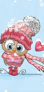 Cartoon owl wearing pink winter hat and scarf on a light blue background.