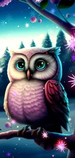 Cute owl perched on a branch in a magical winter forest wallpaper.