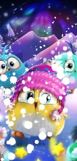 Whimsical owl trio in snowy winter setting with vibrant colors.