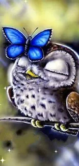 Cute owl with a vibrant blue butterfly on its head, set in nature.