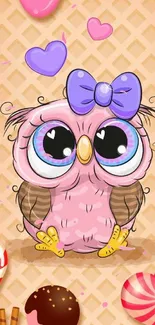 Cute pink owl with a bow and hearts over candy-themed background.