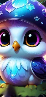 Cute owl with magical purple hat.