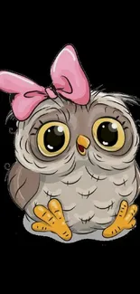 Cute cartoon owl with a pink bow on a black background.