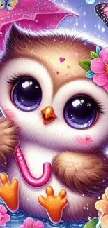 Cute cartoon owl with umbrella and flowers.