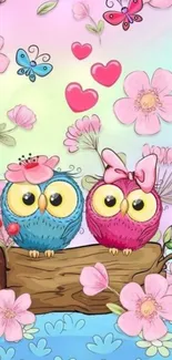 Cute cartoon owls with pink flowers and hearts on a colorful background.