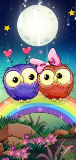 Cute owl couple sitting on a rainbow with moon and stars.