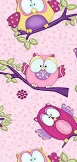 Whimsical pink owl wallpaper for phones.