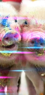 Two adorable piglets with colorful paint, creating a cheerful wallpaper.