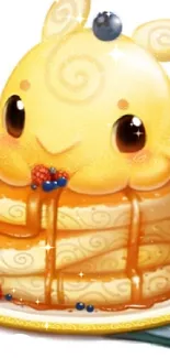 Adorable pancake creature atop syrupy stack, perfect phone wallpaper.