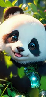 Charming cartoon panda surrounded by vibrant leaves and sparkly bubbles.