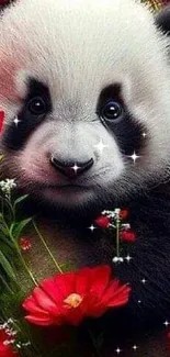 Adorable panda cub surrounded by vibrant red flowers, perfect for mobile wallpaper.