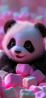 Cute panda surrounded by pastel pink marshmallows.