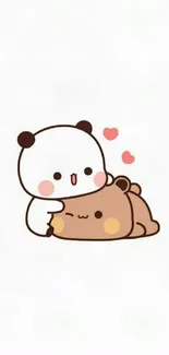 Cute cartoon panda hugging a brown bear.