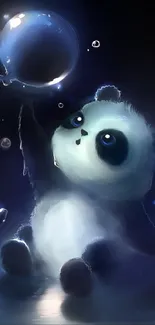 Cute panda playing with a bubble against a dark background.