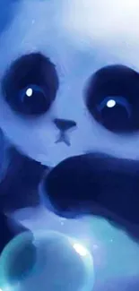 Adorable panda with bubbles on a blue background, perfect for mobile wallpaper.