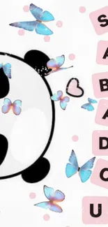 Cute panda with pink and blue butterflies on white background.