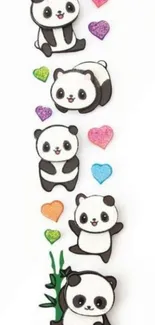 Cute pandas with colorful hearts wallpaper.