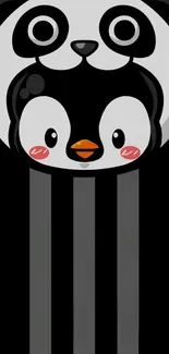 Cute panda and penguin on striped background wallpaper.