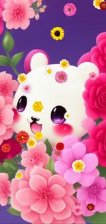 Cute panda surrounded by pink flowers on a purple background.