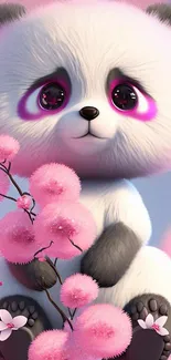 Cute panda with pink blossoms on a soft background.