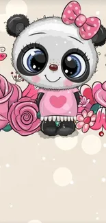 Cute cartoon panda with pink roses and butterflies on mobile wallpaper.