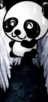 Cute panda angel with wings on dark background wallpaper.