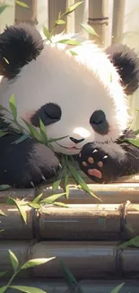 Cute sleeping panda nestled among bamboo leaves in a peaceful nature scene.