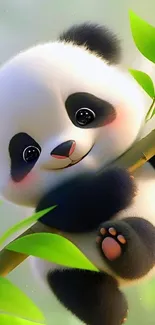 Cartoon panda with big eyes holding bamboo, surrounded by green leaves.