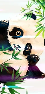 Cute panda in bamboo forest wallpaper with playful design.