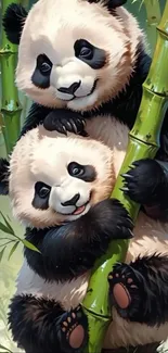 Two playful pandas hugging bamboo in a cartoon style.