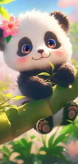 Adorable cartoon panda on bamboo branch with floral backdrop.
