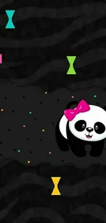 Cute panda with pink bow on black background mobile wallpaper.