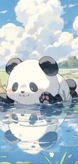 Adorable panda relaxing by a pond, with clouds in the sky.