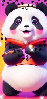 Cute cartoon panda on vibrant pink background with playful details.