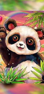 Cute panda cartoon with bamboo and colorful background.