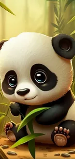 Cute cartoon panda sitting with bamboo.