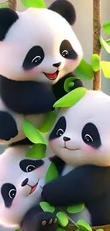 Cute cartoon pandas climbing in a bamboo forest.