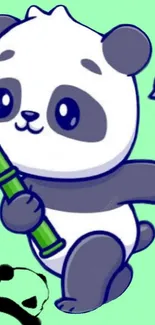 Cute cartoon panda holding bamboo on a light green background.