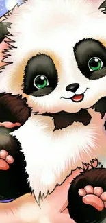 Cartoon panda with green eyes, cute and fluffy, on a pastel background.