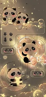 Adorable panda wallpaper with glowing heart design.