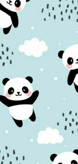 Cute pandas on light blue background with clouds.