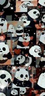 Cute panda collage wallpaper with hearts and playful expressions.