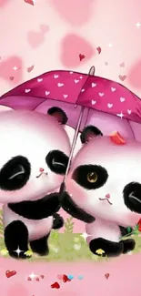 Cute panda couple under pink umbrella with hearts.