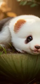 Cute panda cub resting on green grass, perfect for mobile wallpaper.