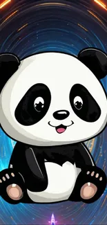 Adorable cartoon panda on a colorful sci-fi background.