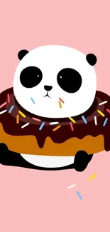 Cute panda hugging sprinkle donut on pink background.