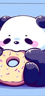 Adorable panda holding a sprinkled donut on a light blue background.