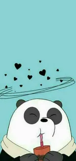 Cute cartoon panda sipping drink with hearts.