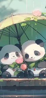 Cute pandas under a floral umbrella in an animated setting.