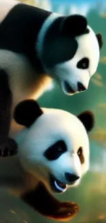 Two adorable pandas playing in a lush forest scene.